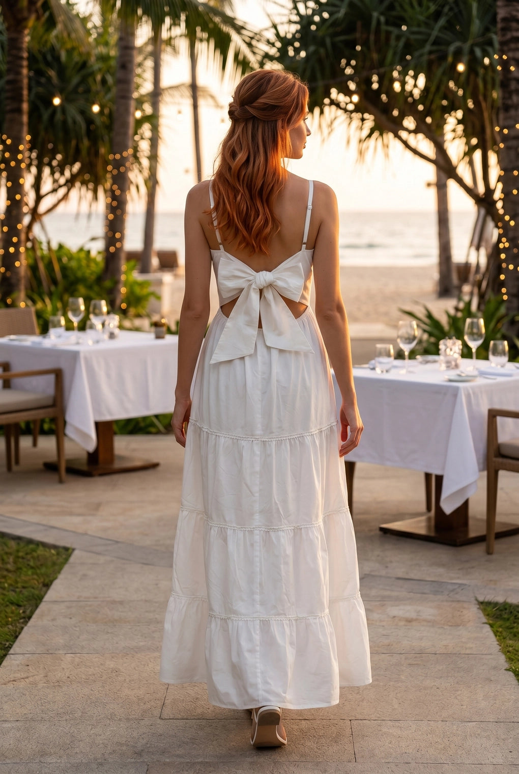 Remy Cord Trim Tiered Maxi Dress- White