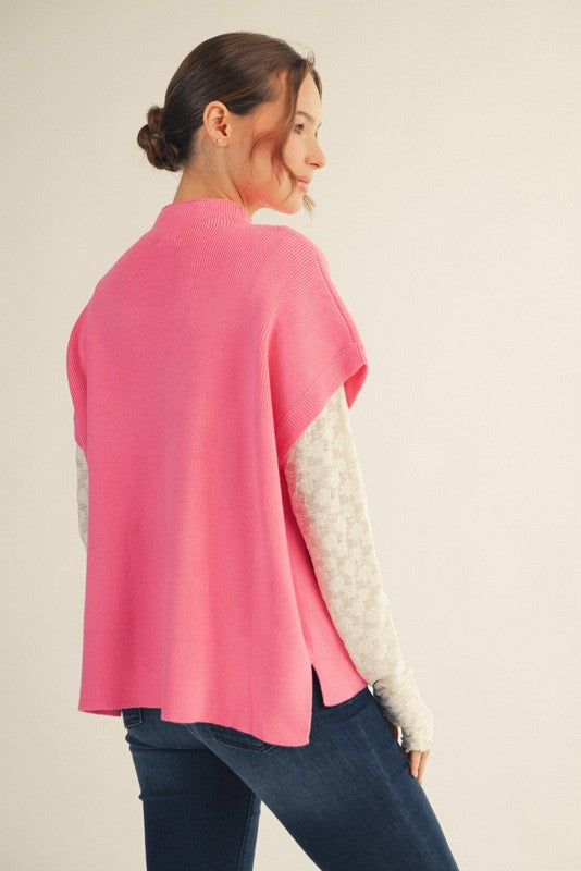 Mock t Neck Ribbed Sleeveless Sweater- Pink