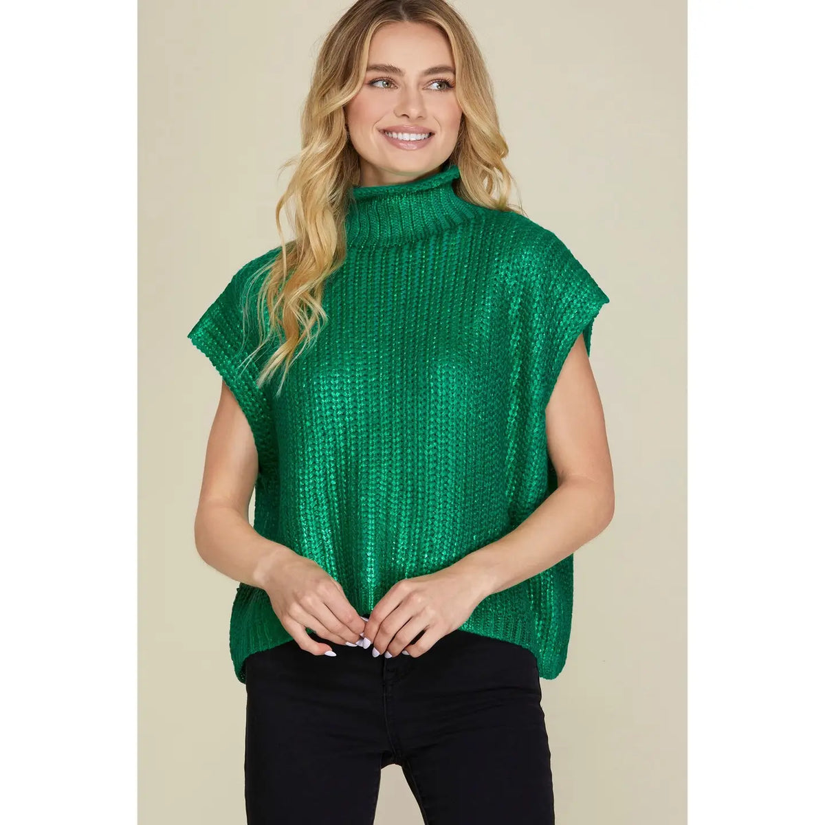 METALLIC FOIL SWEATER TOP- GREEN