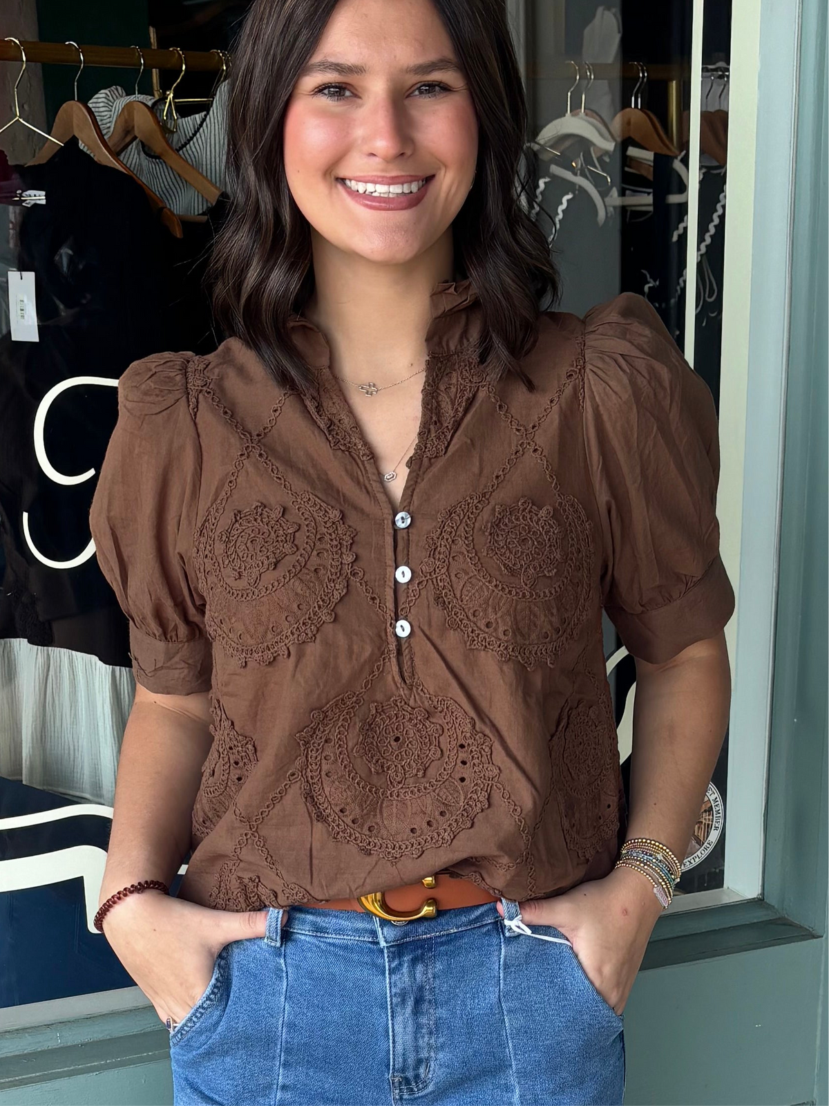Bella Brown Top with Medallion Patterned Detail