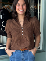 Bella Brown Top with Medallion Patterned Detail