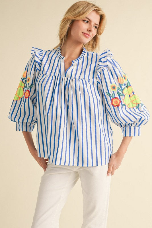 Stripe Top with Floral Embroidered Sleeve Detail