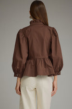 Peplum Button DownTop with Standing Ruffle Collar - Brown