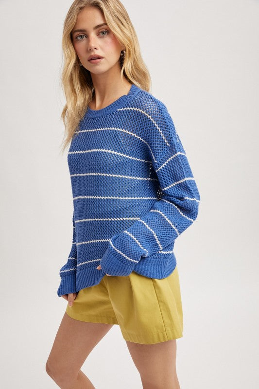 Atlantic Blue Stripe Open Knit Sweater