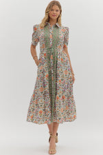 Olive Diamond Pattern Floral Print Midi Dress with Front Button Closure and Adjustable Tie Waist