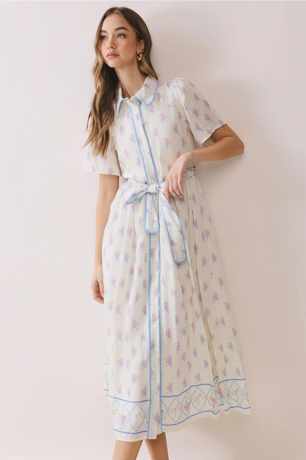 Suzanna Floral Contrast Piping Detail Tie Waist Midi Dress