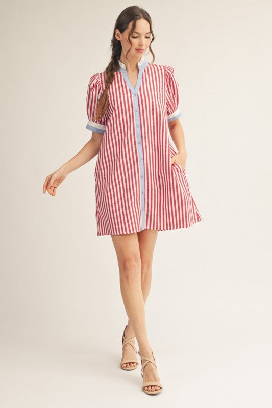 Lilette Button Down Stripe Shift Dress- Red/ Sky Blue
