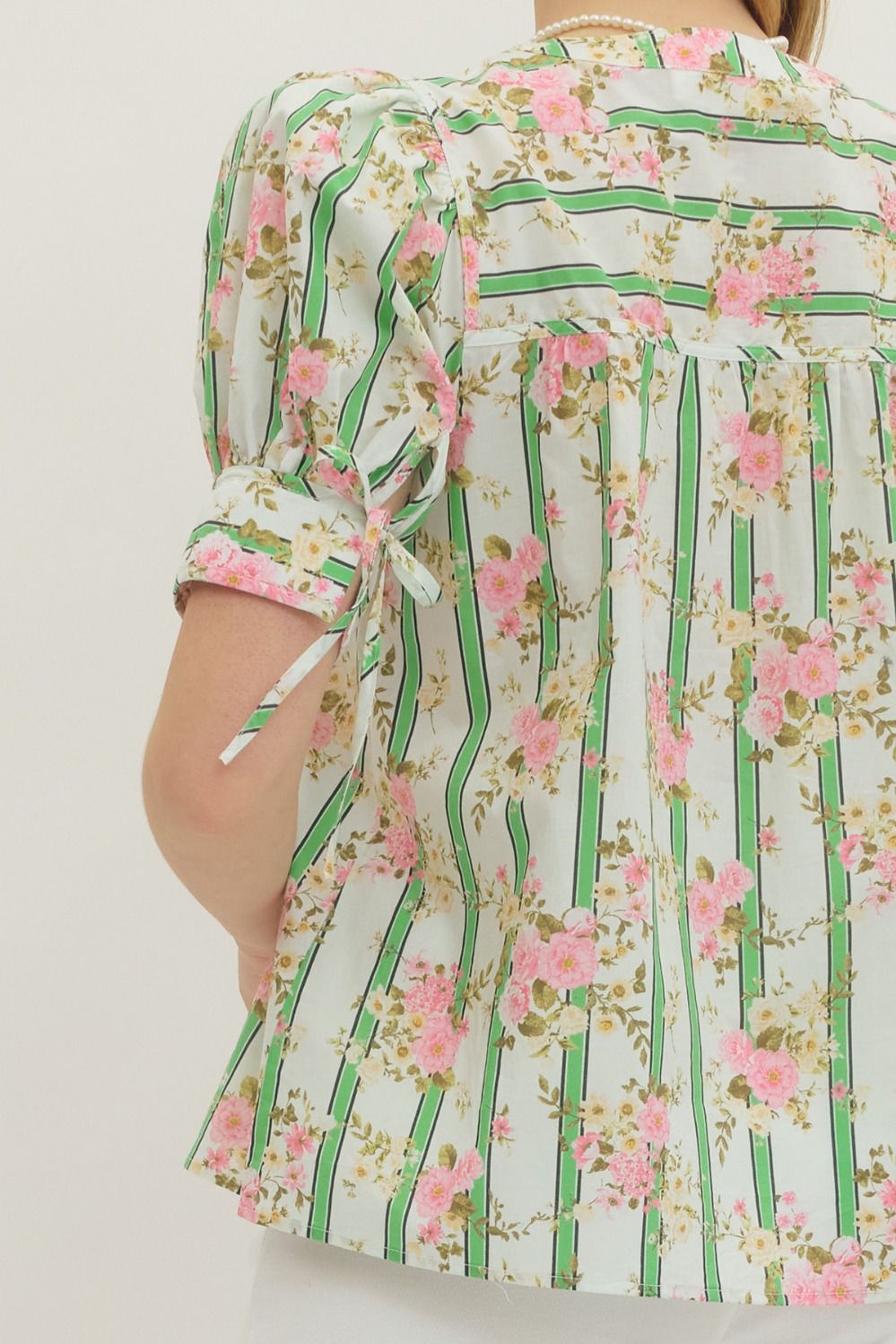 Botanical Stripe Puff Sleeve Button Down Top with Self Tie Cuff Detail