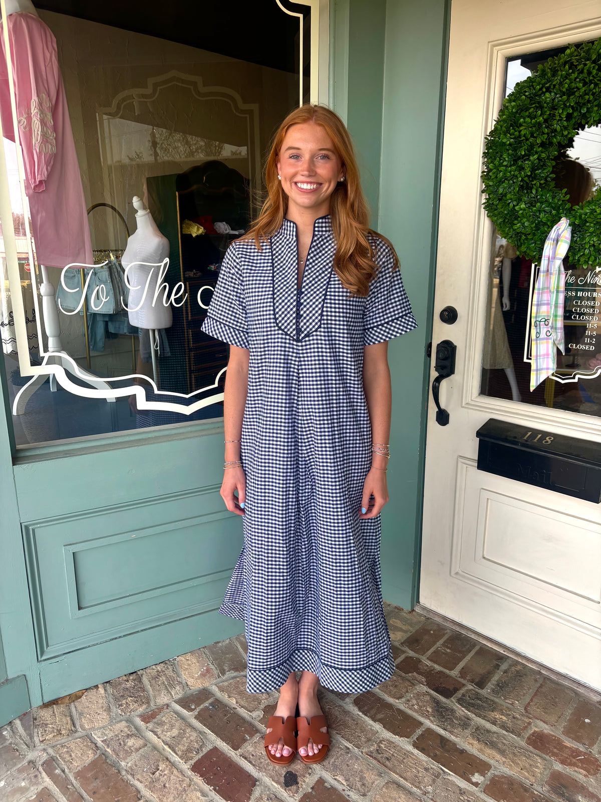 OLIVIA GINGHAM MAXI WITH BUTTON DETAIL- Navy