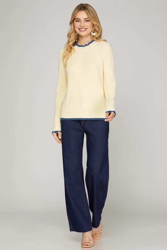 Cream Sweater with Blue Trim Neck Contrast