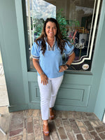 Nanette Textured Light Blue Half Zip Top with Navy Contrast Stripe Cuff and Collar