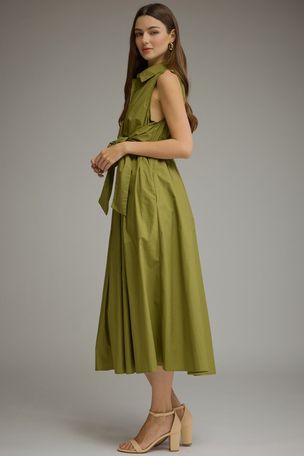 Lila Button Front Self-Tie Waist Midi Dress- Chartreuse Olive