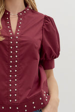 Maroon Cuff Band Puff Sleeve Top featuring Stud Accent Detai
