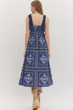 Camden Navy Printed Midi with Square Neckline and Raffia Detail Buttons