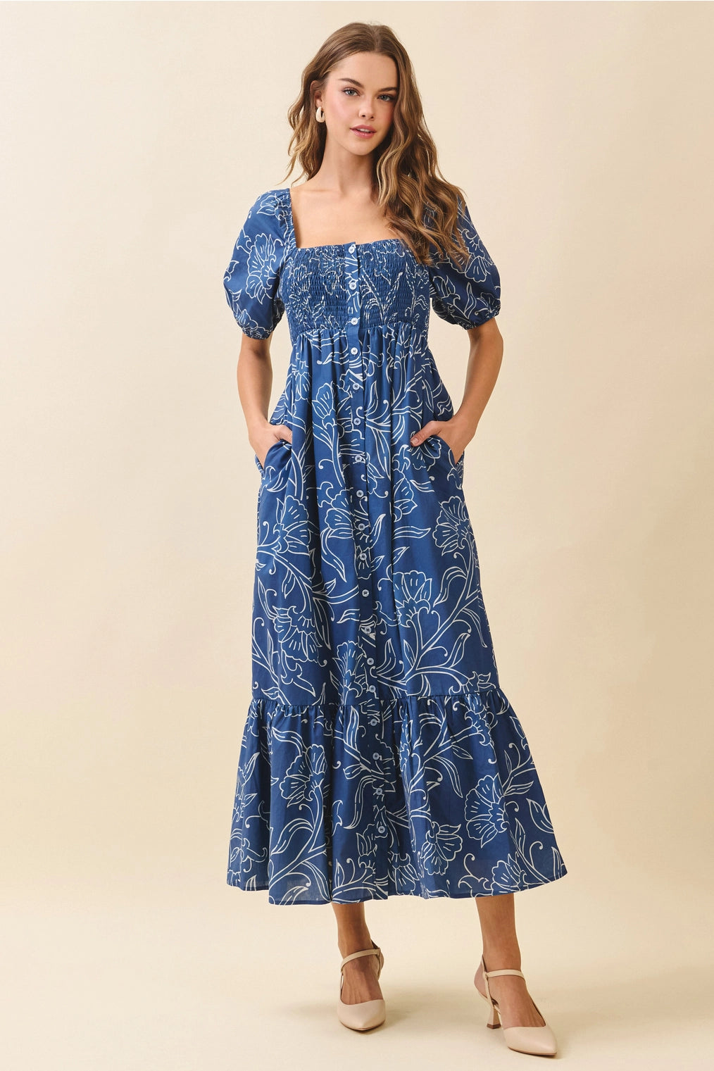 Floral Print Smocked Bodice Square Neck Maxi Dress