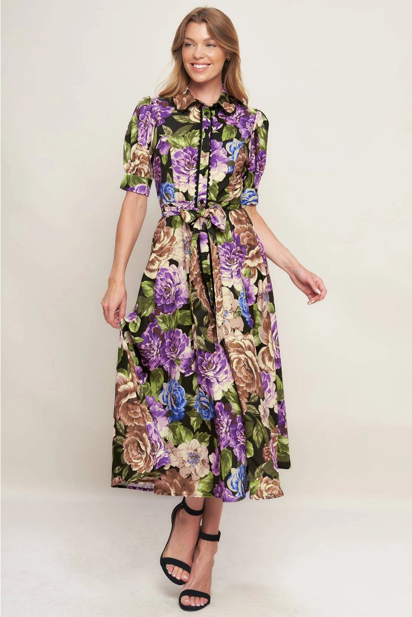 Mabel Button Down Floral Midi with Self Tie Waist