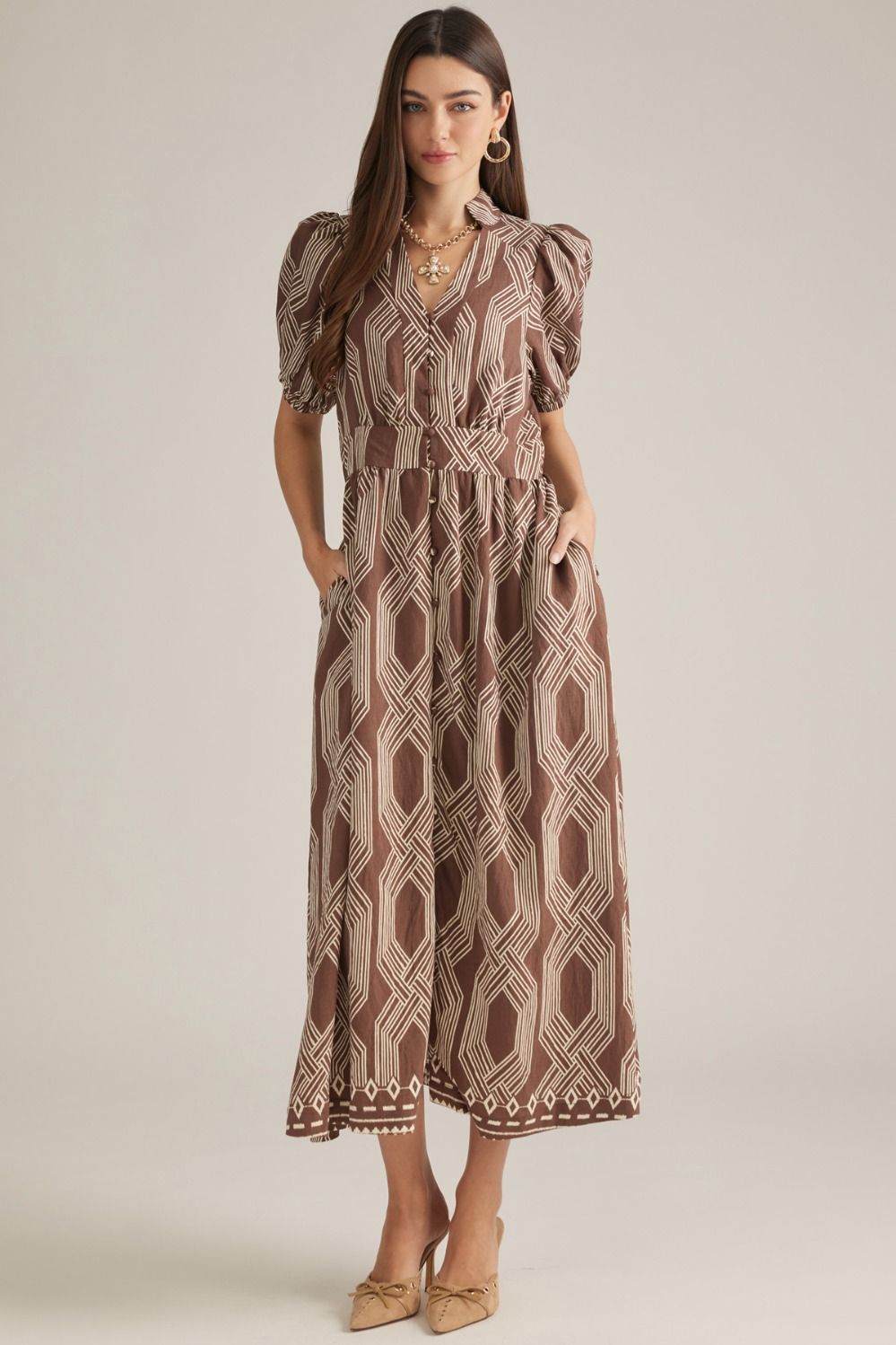 Reese Printed Puff Sleeve Midi Dress - Coffee