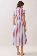Tessa Fitted Bodice Striped Button Down Midi Dress- Red/Sky Blue/White