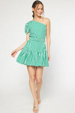 ONE SHOULDER GREEN PIN STRIPE BELTED MINI