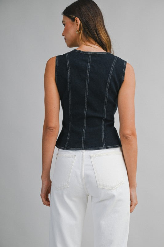 Denim Square Neck Gold Button Down Top by Mable