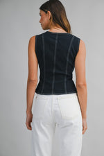 Denim Square Neck Gold Button Down Top by Mable