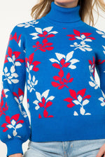 THML Blue and Red Floral Turtleneck Sweater