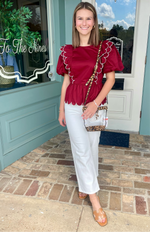 Dark Burgundy Peplum Top with Scallop White Trim Detail