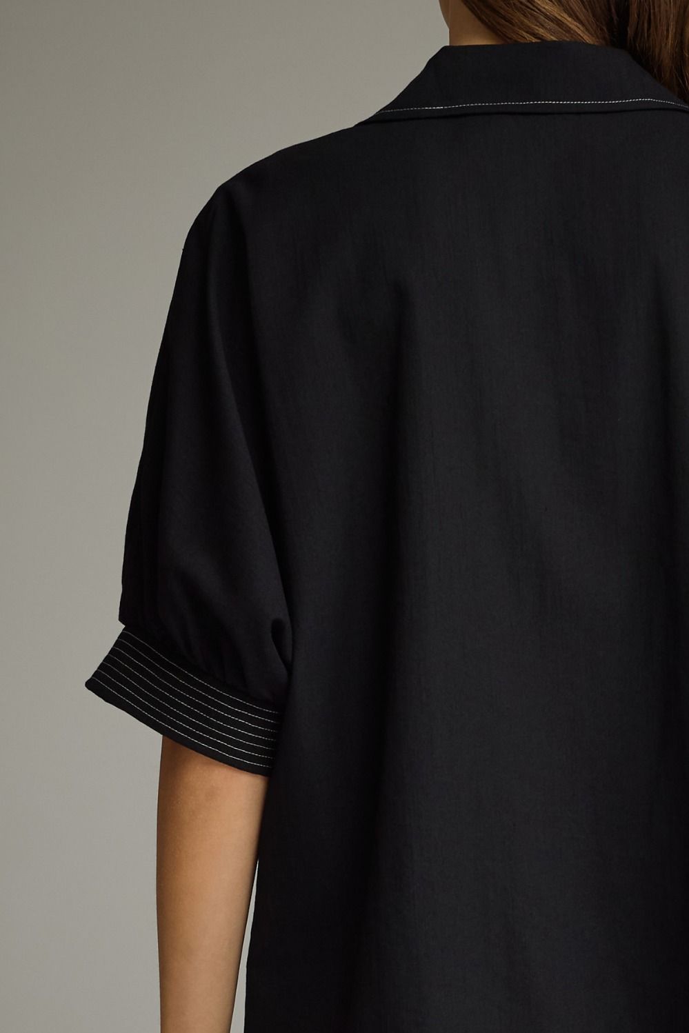 Heidi Black Collared V Neck Top with White Stitching Detail