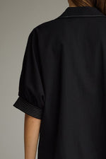 Heidi Black Collared V Neck Top with White Stitching Detail