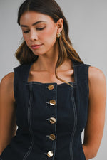 Denim Square Neck Gold Button Down Top by Mable