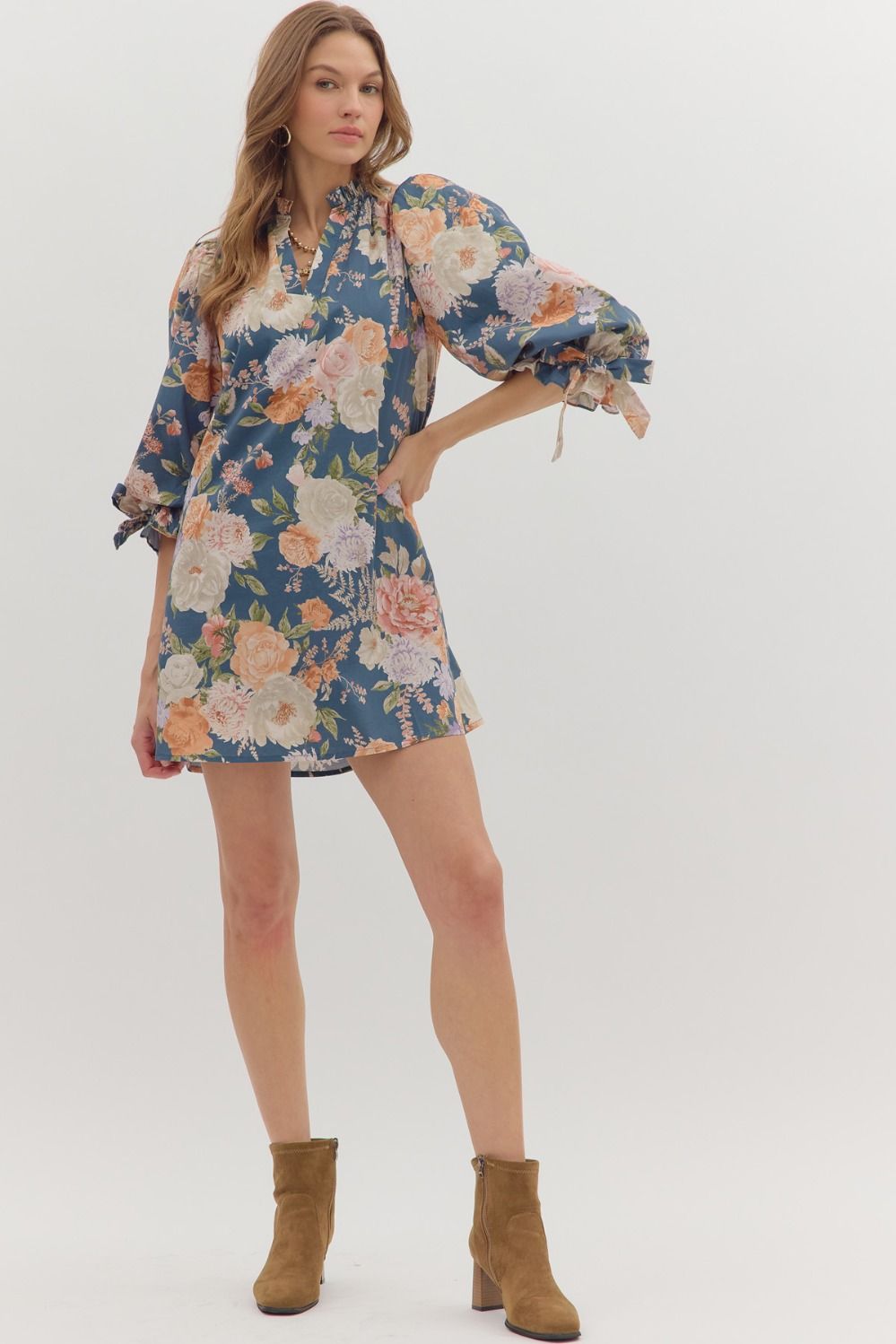 Roxie Floral Print Mini Dress featuring Fixed Bow Elbow Accent and Ruffle Neck