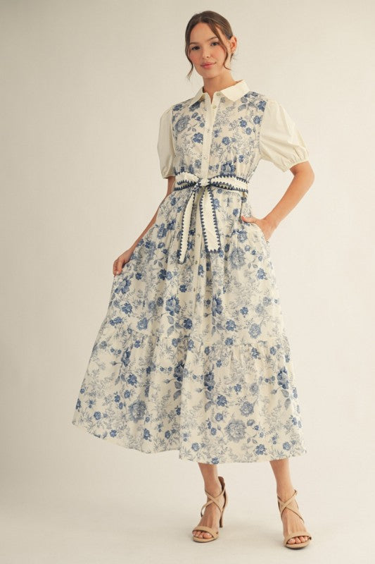 Nina Button Down Floral Tiered Dress with Tie Waist- Ivory/Blue
