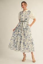 Nina Button Down Floral Tiered Dress with Tie Waist- Ivory/Blue