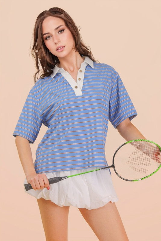 Blue and Brown Striped Polo Style Top