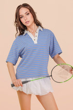 Blue and Brown Striped Polo Style Top