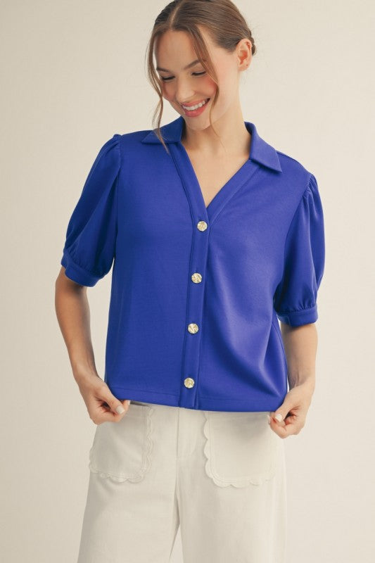 Gigi Super Soft Gold Button Detail Collared Top- Royal