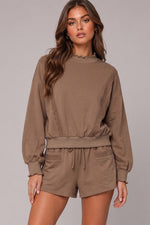 Mocha Lace Trim Mock Neck Pullover and Shorts Lounge SET