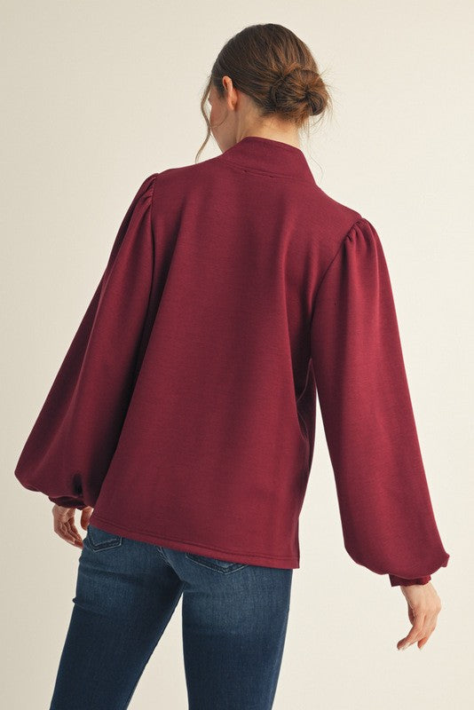 Burgundy Mock Neck Button Top
