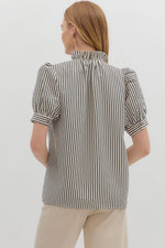 Black Striped Puff Sleeve Top featuring Ruffle Accent Hidden Placket Closure