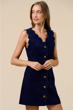 Vivian Navy Corduroy Scallop Edge Button Down Mini Dress
