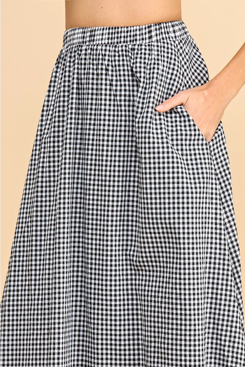 Black Gingham Elastic Waistband Maxi Skirt