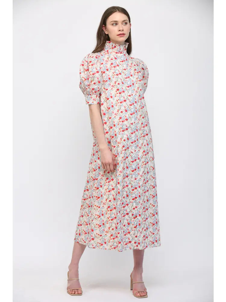 Virginia Floral High Ruffled Collar Puff Sleeve Button Dress by Fate
