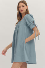 Country Blue Square Pleated Neck Mini Dress