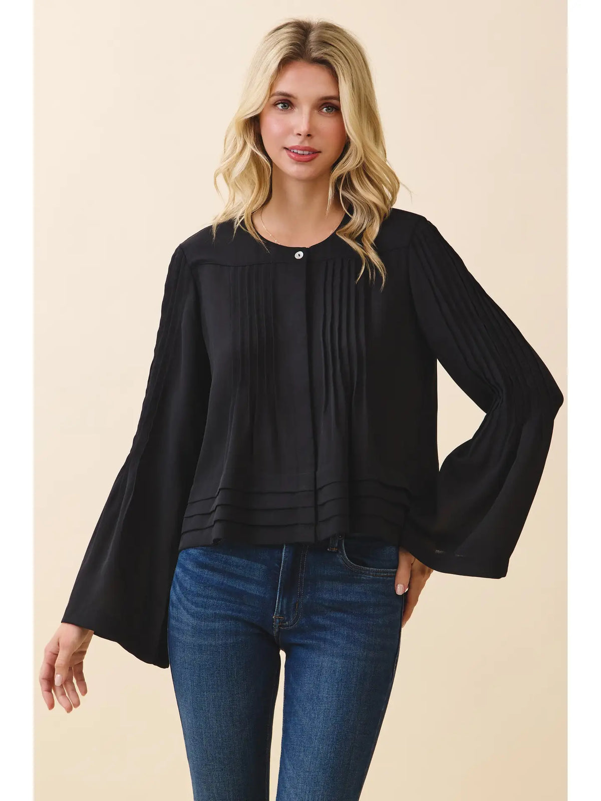 Pintuck Pleats Detail Hidden Snap Button Blouse- Black