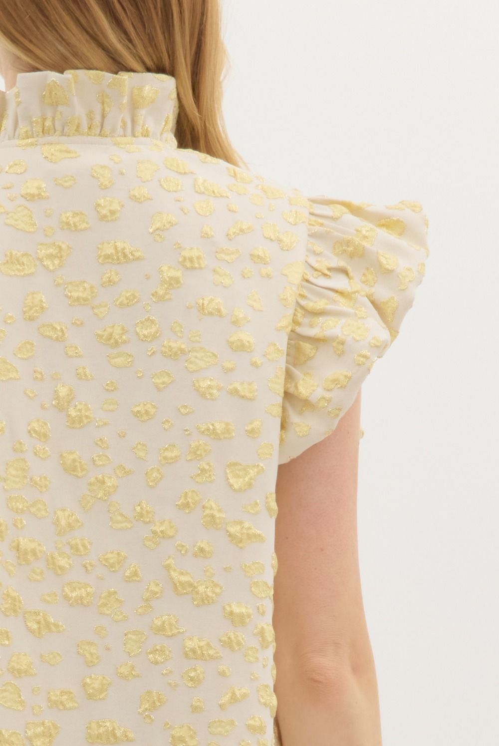 Metallic Textured Pattern Button Front Mini Dress featuring Ruffle Neck and Shoulder with Side Pockets ** available in Lemon Gold Or Navy Gold