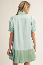 Aqua/Green Ruffle Neck Pleated Hem Mini Dress