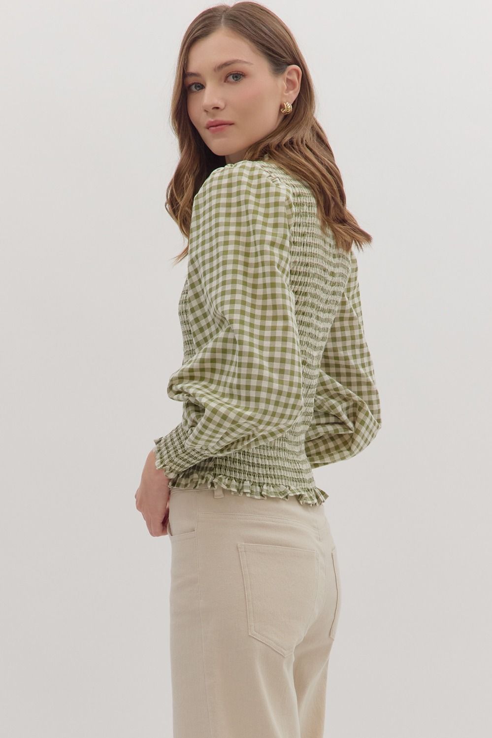 Olive Gingham Smocked Bodice Zip Front Top