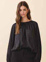 Zayba Printed Satin Relaxed Fit Bubble Hem Blouse- Black