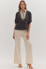 Black and Cream Striped Short Sleeve Top with Contrast Trim