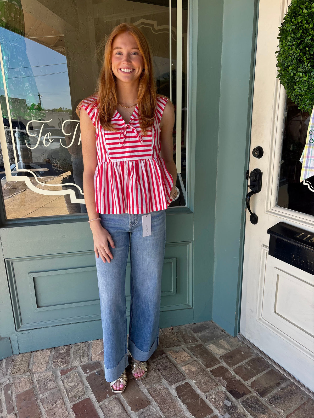 Striped Sailor Style Collar with Tie Neckline Top by FATE -Red/White